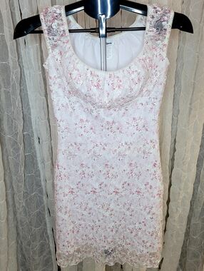Taboo Y2K Made Is Usa Vintage Pink Floral Mesh Lace Mini Milkmaid Dress Ruffle